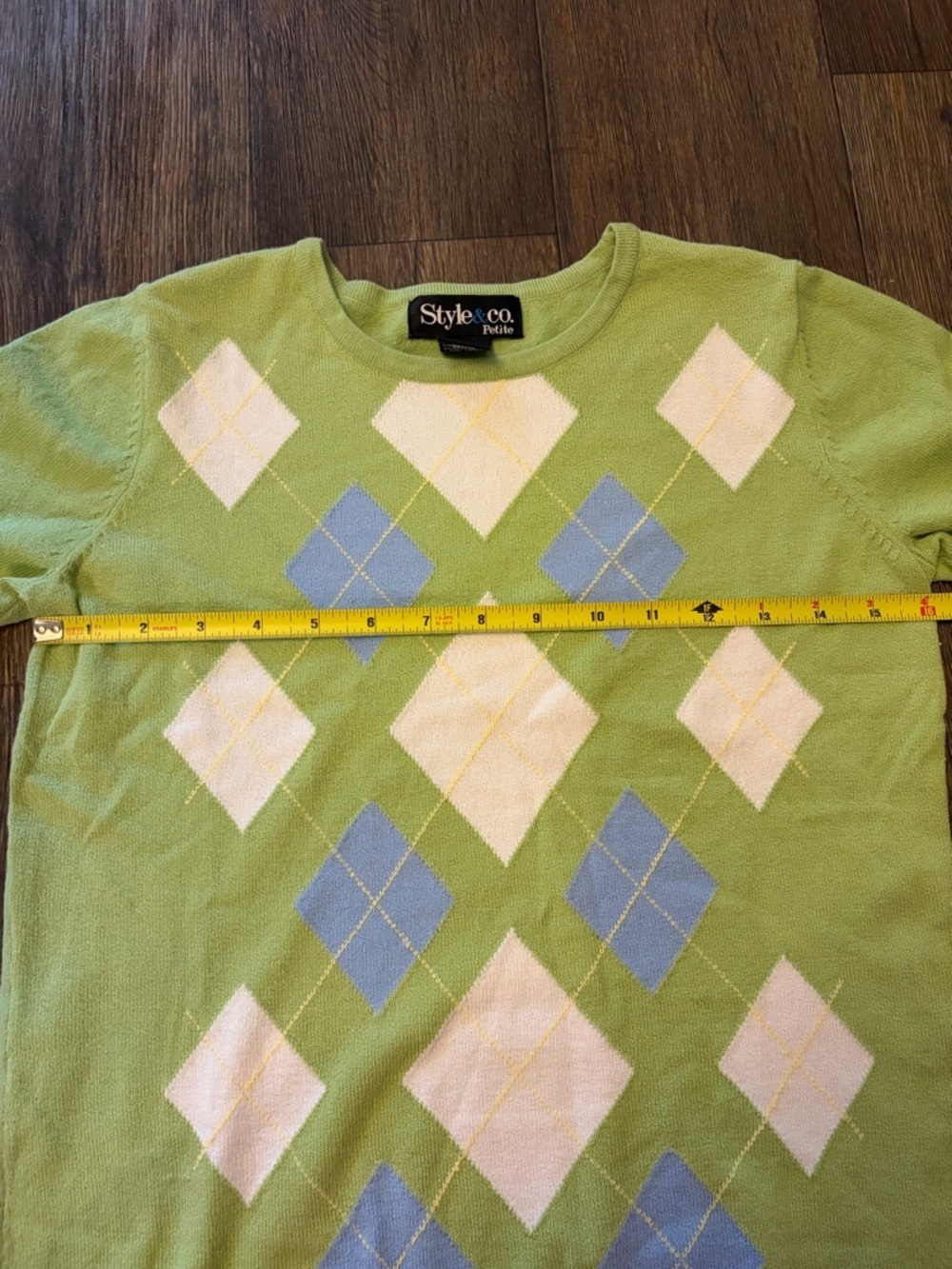 Style & Co Women's Petite Small 90s Preppy Green Argyle 3/4 Sleeve Sweater - Picture 7 of 8